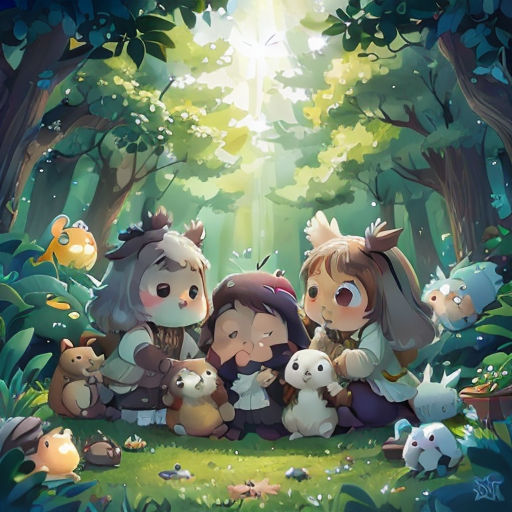 a group of people sitting in the middle of a forest with animals around them and a light shining through the trees