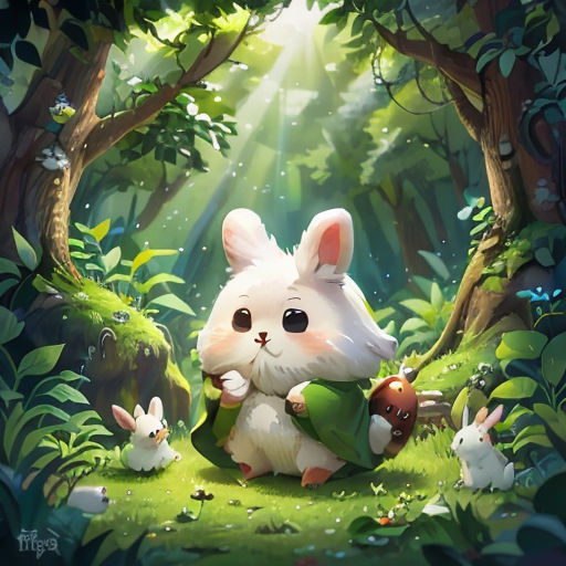 a rabbit holding a bag in a forest with other rabbits around it and a light shining through the trees