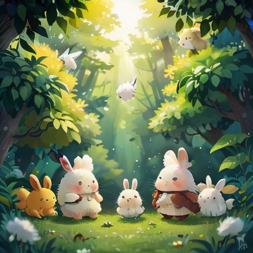 a group of rabbits sitting in the middle of a forest with a light shining through the trees and a forest floor