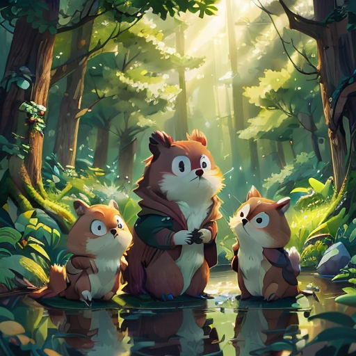 a painting of a fox and two other animals in a forest with a pond of water and trees in the background