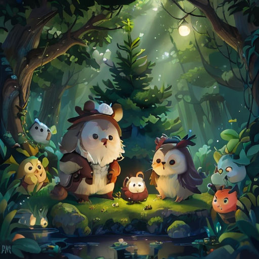 a group of animals standing in the middle of a forest with a pond and a light shining on them