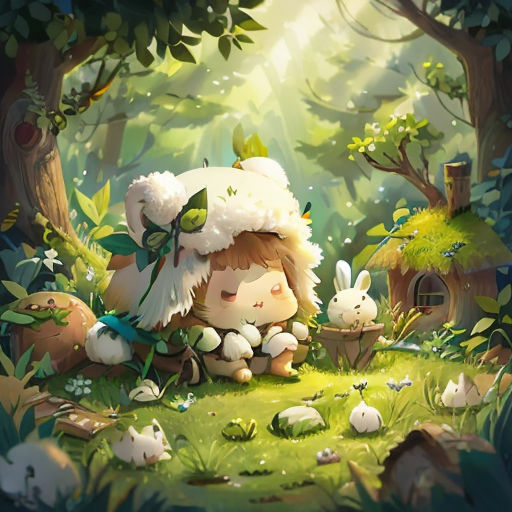 a little girl sitting on a grass field next to a bunny and a house in the woods with a forest background