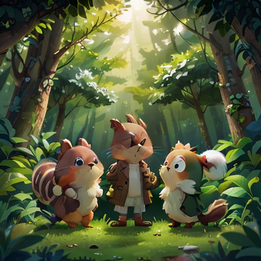 a group of animals standing in the middle of a forest with a light shining through the trees behind them