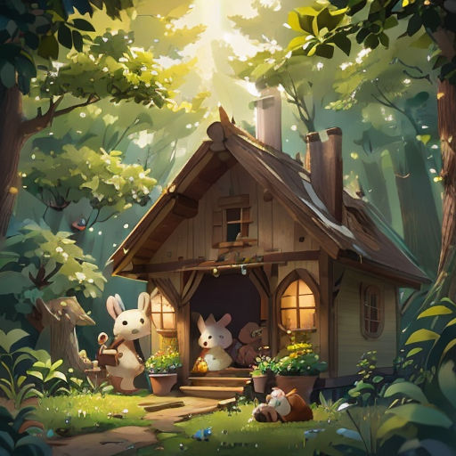 a house with rabbits in the yard and a dog in the yard in front of it, and a cat in the yard in the yard