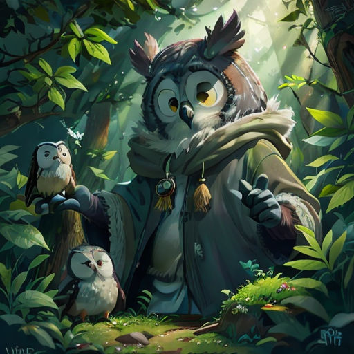 an owl and a bird in a forest with trees and plants, one of the owls is holding a scar
