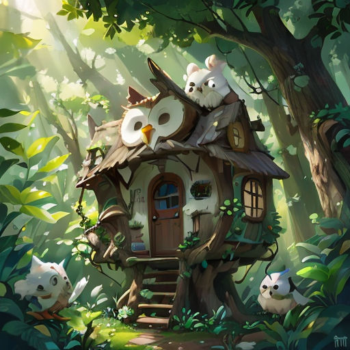 a house in the woods with a lot of animals around it and a cat on top of it and a dog on the roof