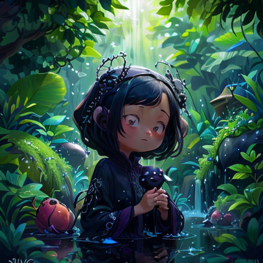 a girl in a forest with a frog in her hand and a frog in her hand, looking at a frog in the water