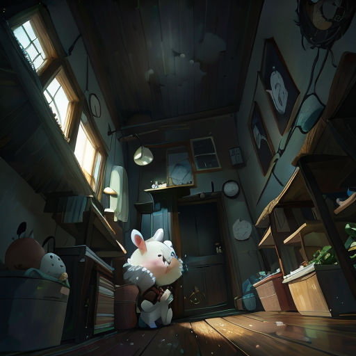 a cartoon character is in a room with a cat and a dog on the floor and a cat on the floor