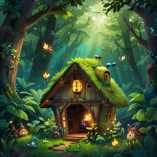 a small house in the middle of a forest with a green roof and a green roof that has a green roof