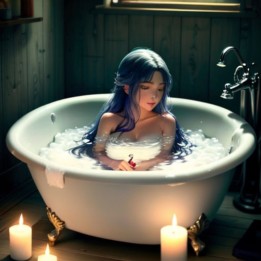 a woman sitting in a bathtub with candles around her feet and her body in the water, with a candle lit in the background