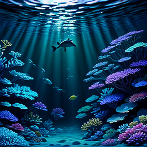 a painting of a fish swimming in the ocean with a lot of corals and other marine life around it