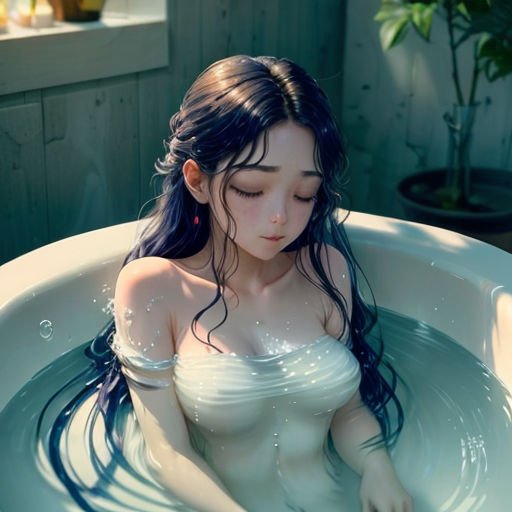 a woman in a bathtub with her eyes closed and her hair wet and her eyes closed, with a plant in the background