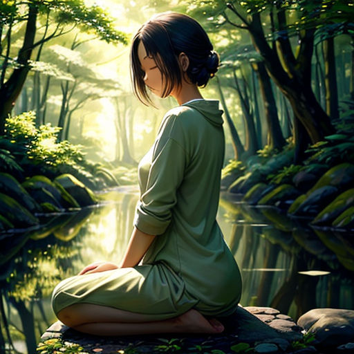 a woman sitting on a rock in a forest looking at the water and trees in the background, with the sun shining through the trees
