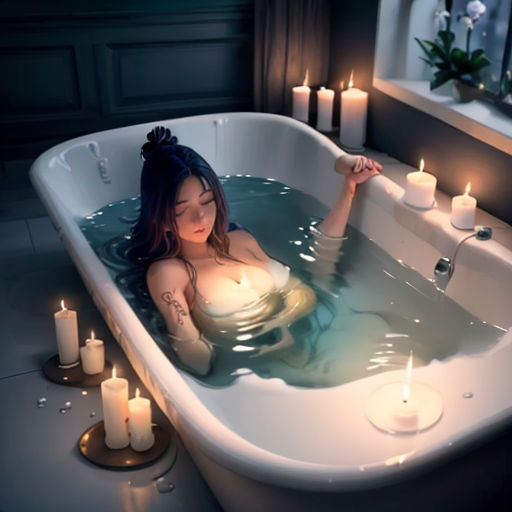 a woman in a bathtub with candles around her and a candlelight in the water behind her,