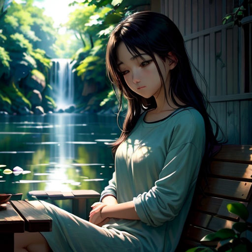 a girl sitting on a bench in front of a waterfall and a pond with lily pads on it, looking at the camera