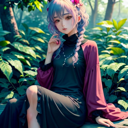 a woman sitting on a bench in a forest with a flower in her hair and a purple dress on