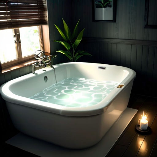 a bathtub with a candle lit in the corner of the room next to it and a window with blinds