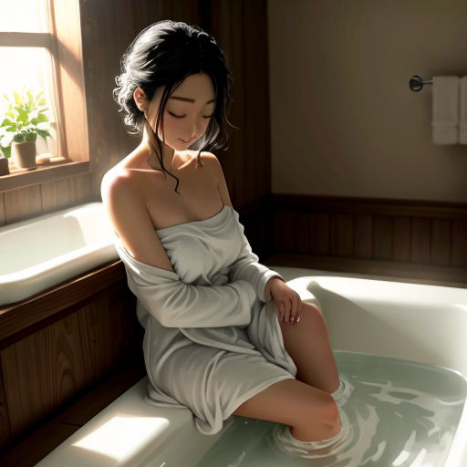 a woman sitting in a bathtub with her legs crossed and her hand on her knee, in a bathroom