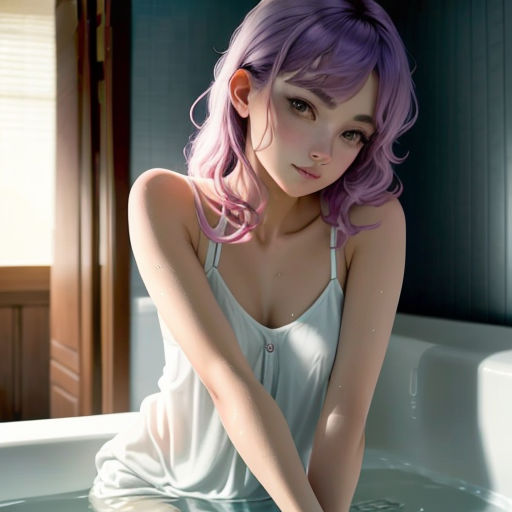a woman with purple hair sitting in a bathtub with her hands on the edge of the tub and her legs crossed