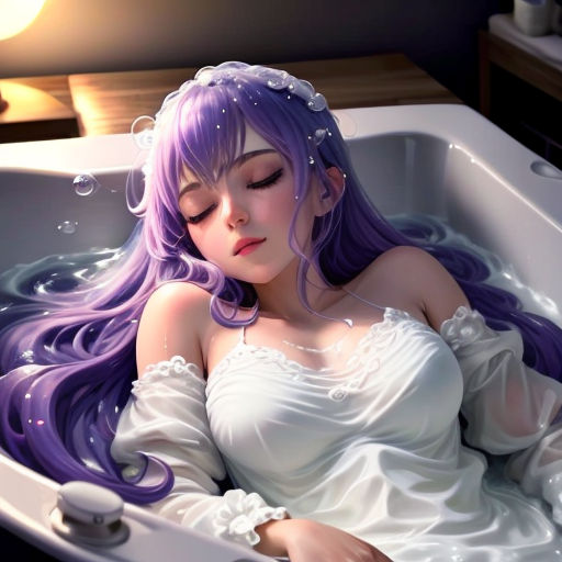 a woman with purple hair is in a bathtub with soap on her head and a white dress on