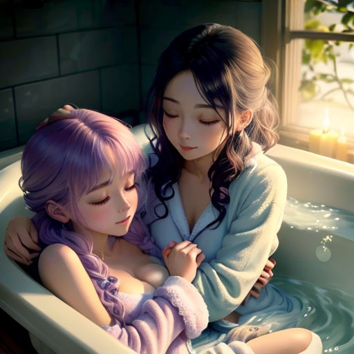 two women in a bathtub with their arms around each other, one of them is hugging the other