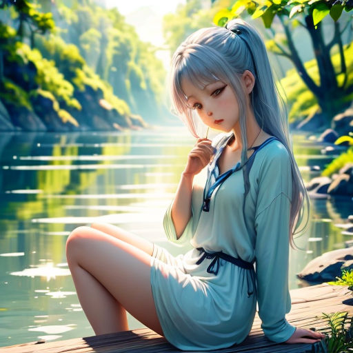 a woman sitting on a dock next to a river with trees in the background and a lake in the foreground