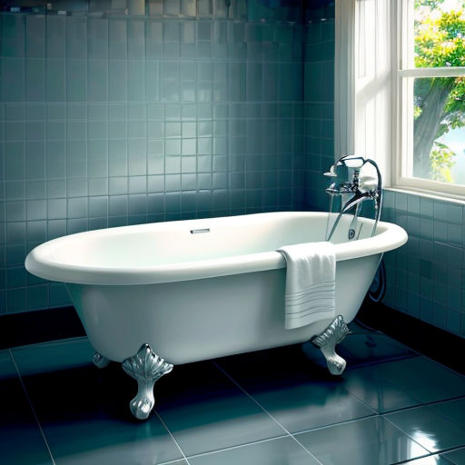 a bathtub in a bathroom with a window and a towel rack on the side of the tub and a window