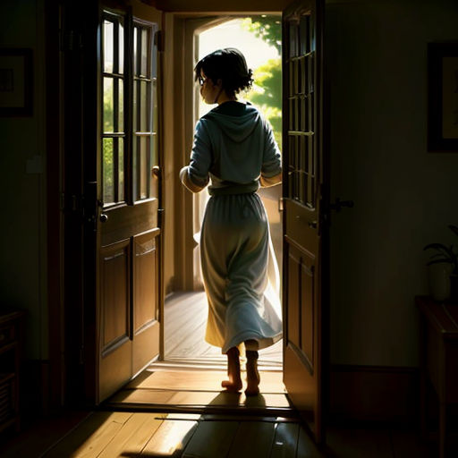 a woman in a dress is walking out of a door into a room with a light coming through the door