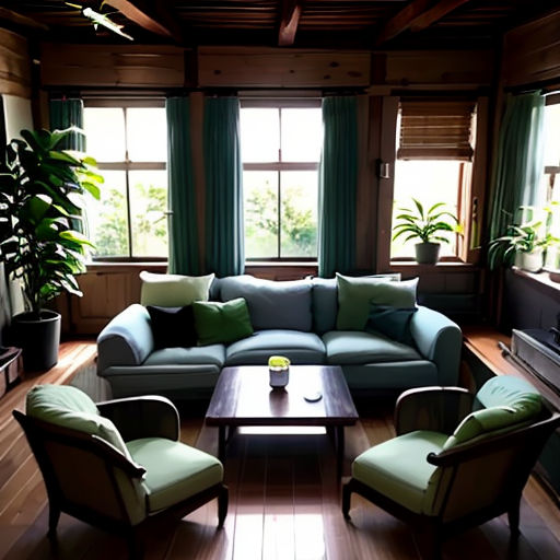 a living room with a couch, chair, coffee table and television in it and a plant in the corner