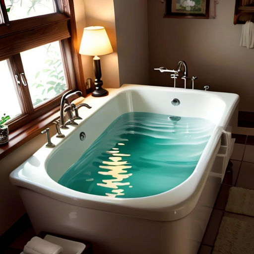 a bathtub with a reflection of a building in the water in a bathroom with a window and a lamp