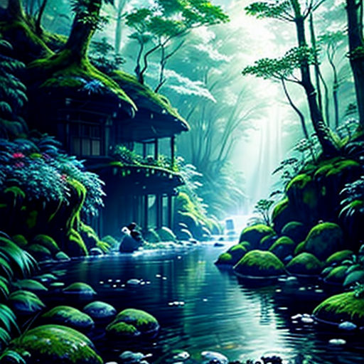 a painting of a forest with a house in the middle of it and a stream running through it, with rocks and grass in the foreground
