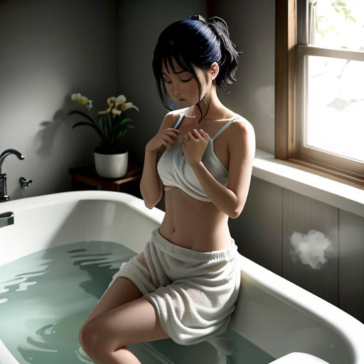 a woman in a bathrobe sitting in a bathtub looking at her cell phone while she is in the water