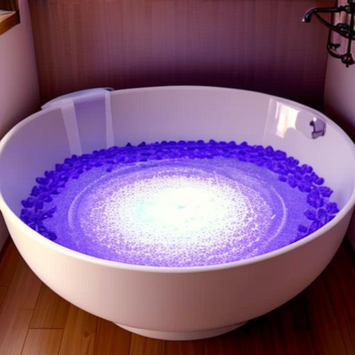 a bathtub with a purple water inside of it on a wooden floor next to a sink and a mirror