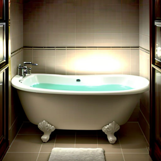 a bathroom with a bathtub and a towel on the floor and a rug on the floor in front of it
