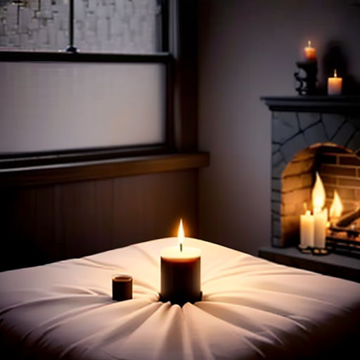 a lit candle sitting on top of a bed in a room with a fireplace and a window in it