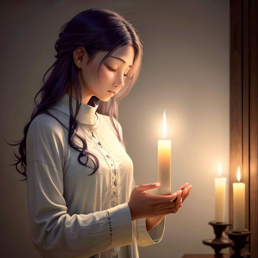 a woman holding a candle in her hands with a candle in the other hand and a mirror behind her