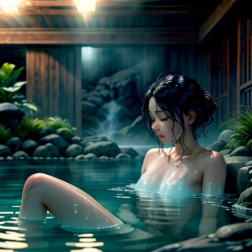 a woman is sitting in a pool of water with rocks and plants around her and a waterfall in the background
