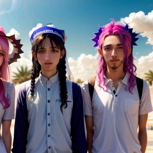three people with pink hair and blue and white shirts and one has pink hair and the other has pink and white hair