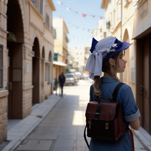 a woman with a hat on walking down a street with a backpack on her back and a backpack on her shoulder