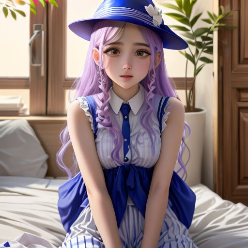 a girl with purple hair wearing a blue hat and dress sitting on a bed with a plant in the background