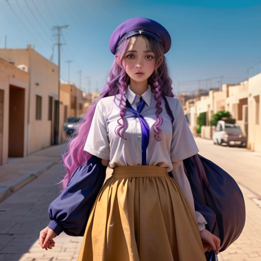 a woman with long purple hair and a purple hat is walking down the street with a purple bag on her shoulder