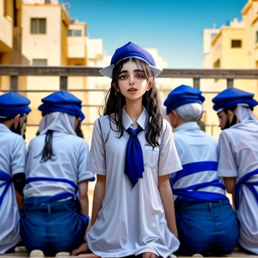 a group of young girls sitting on top of a bench wearing uniforms and ties on their heads and shoulders