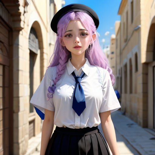 a woman with pink hair wearing a tie and a dress shirt and skirt in a street scene with a building