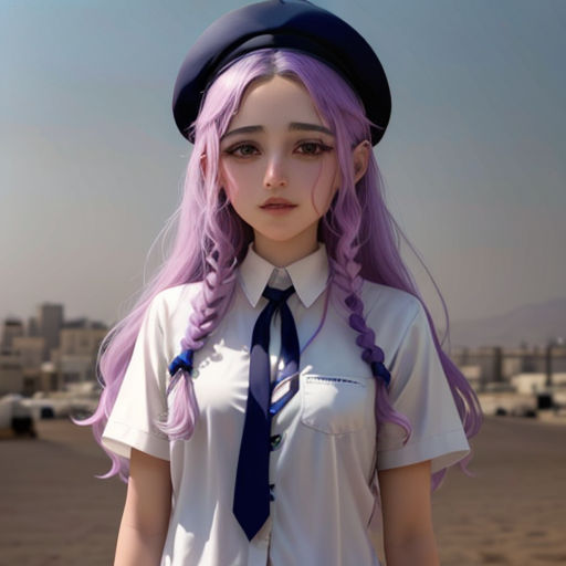 a girl with long purple hair wearing a hat and tie with a city in the background, wearing a white shirt and blue tie