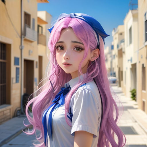 a girl with long pink hair and a blue bow around her neck standing on a street corner in a city