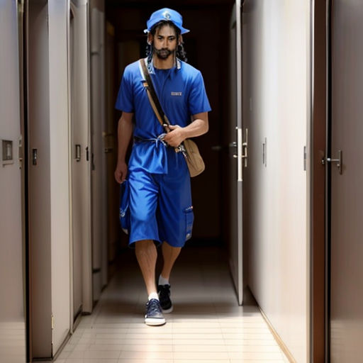 a man in a blue uniform is walking down a hallway with a bag on his shoulder and a hat on his head