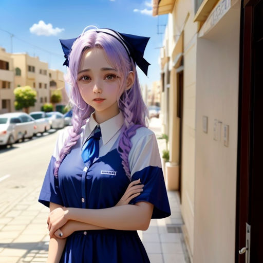 a girl with purple hair and a blue dress is standing on a sidewalk in front of a building with cars