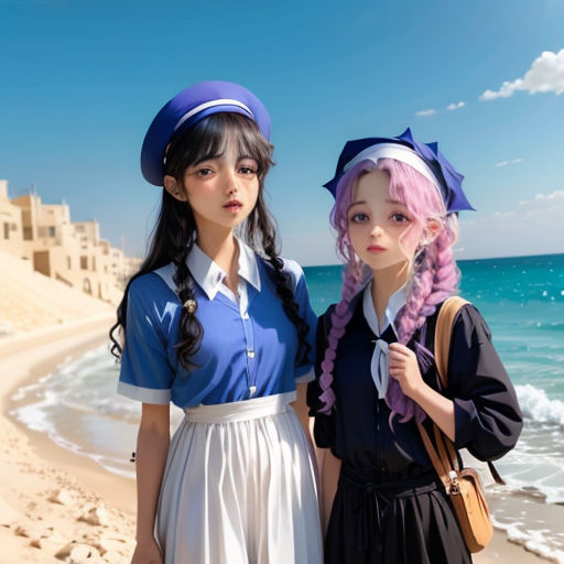 two young girls standing next to each other on a beach near the ocean and a building with a beach front