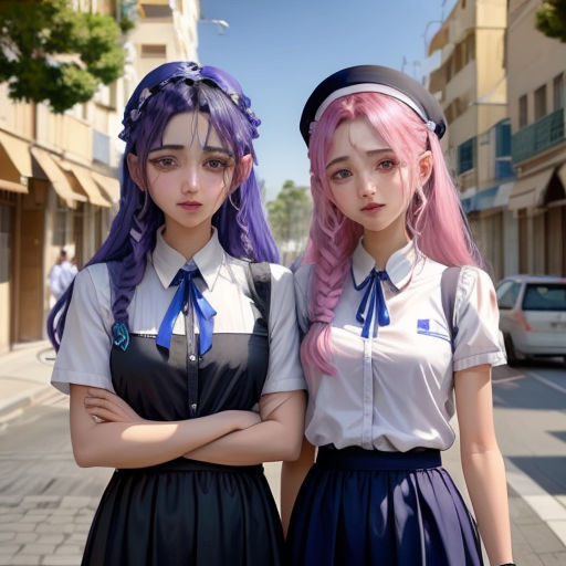 two anime girls standing next to each other on a street corner with their arms crossed and their heads crossed