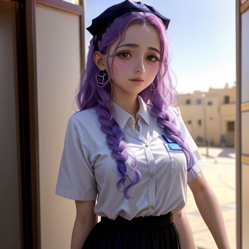 a girl with purple hair and a white shirt and black skirt is standing outside a building with a blue ribbon